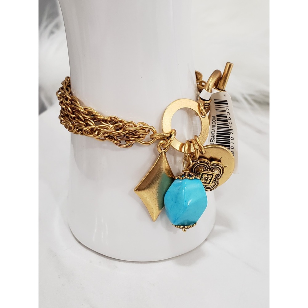 NEW ALEX AND ANI OASIS MULTI STRAND CHARM BRACELET FAUX TURQUOISE GOLD TONE